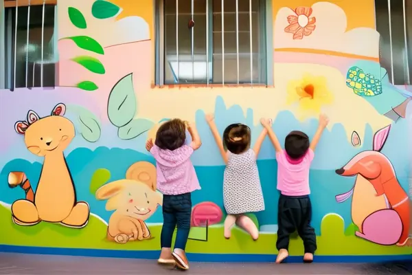幼兒園壁畫展示，孩子們?cè)谏世_紛的壁畫前玩耍