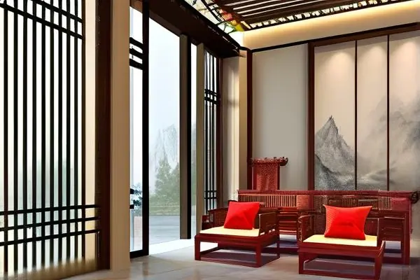 中式會所內(nèi)部裝修效果圖，展示風(fēng)水布局與傳統(tǒng)元素的結(jié)合