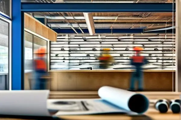 辦公室精裝修施工現場，工人正在進行墻面處理和電路安裝