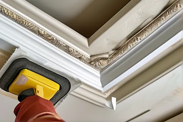 專業(yè)師傅示范頂部墻布收邊工藝