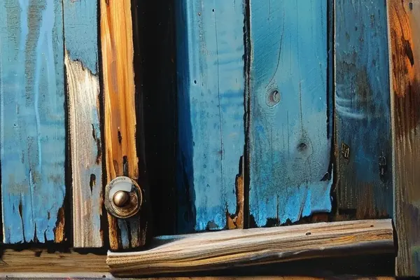 工人正在為老舊木門刷新漆,邊緣可見剝落的舊漆