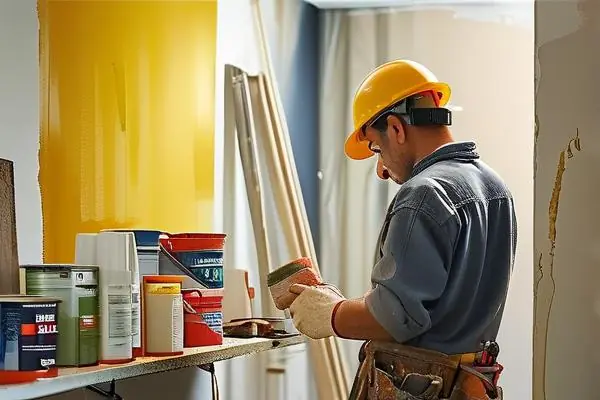 裝修工人調(diào)配內(nèi)墻乳膠漆配方的場(chǎng)景