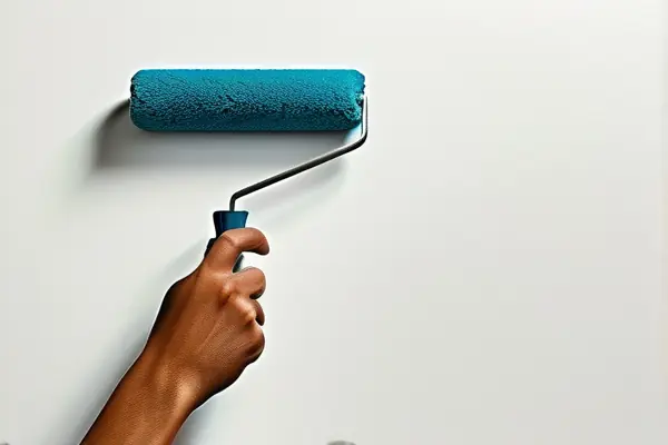 工人正在用滾筒刷將乳膠漆均勻涂刷在墻面上