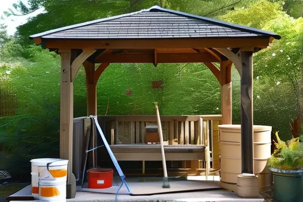 工人正在為室外涼亭防腐木刷漆