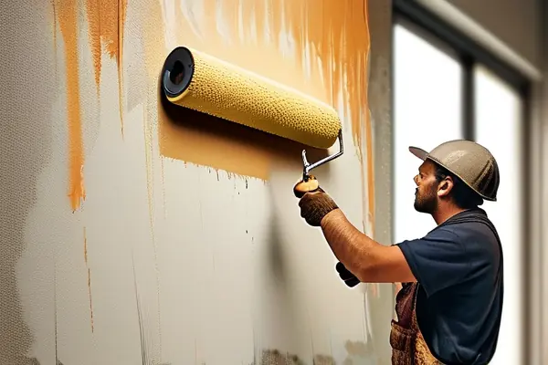 油漆施工步驟展示:工人用滾筒刷涂墻面