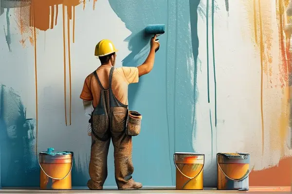 工人正在涂刷墻面油漆