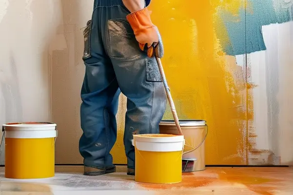 專業油漆工正在進行墻面粉刷施工