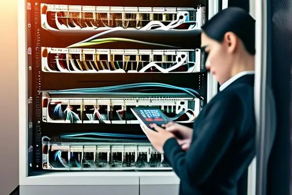 專業技術人員在檢查網絡機柜中的電纜連接