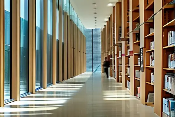 符合規定的圖書館裝修實景：書架布局與消防標識清晰可見