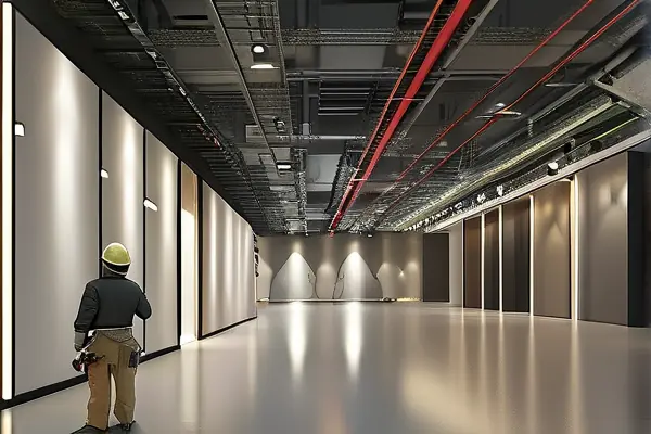 專業(yè)人員進(jìn)行展廳裝修驗(yàn)收工作場景