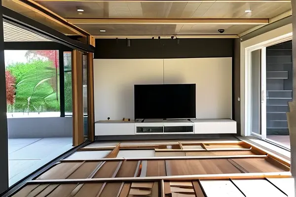 房屋裝修施工現場,工人正在鋪設地板和粉刷墻壁