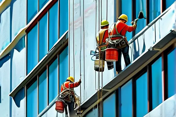 專業施工團隊進行樓體外墻防水處理作業