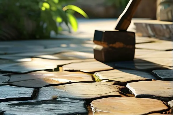 工人施工鋪設(shè)庭院防滑地磚現(xiàn)場實拍