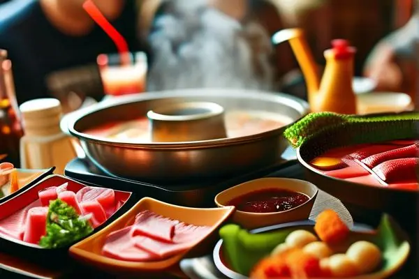 火鍋店搭配技巧展示，新鮮食材和豐富調料的完美組合