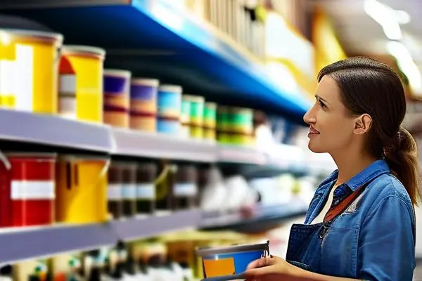 家庭主婦在油漆店挑選家用油漆