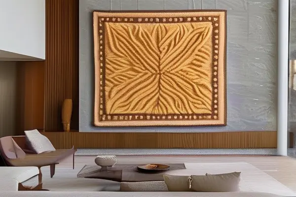 現代客廳中展示的精美緙絲工藝品，圖案復雜色彩鮮艷