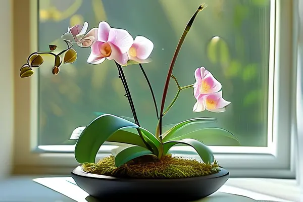 室內(nèi)擺放的蘭花盆景，綠葉與花朵在陽(yáng)光下顯得格外清新