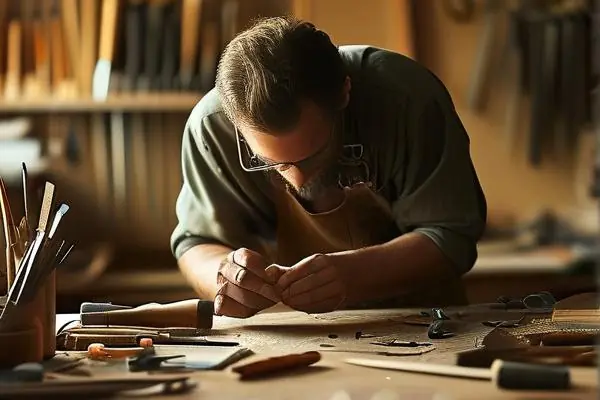 工匠制作手裝修工藝品的場景
