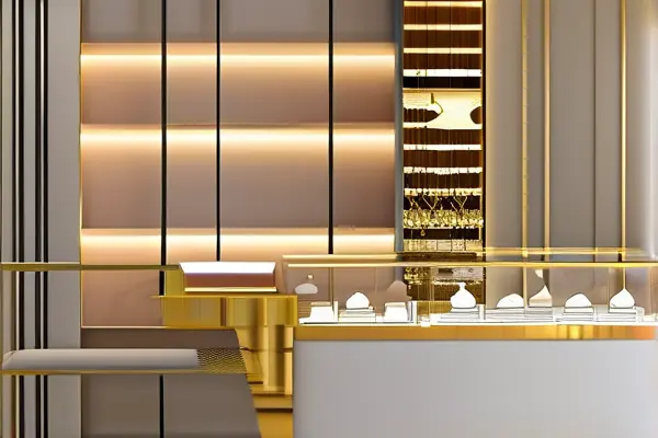 現代珠寶店鋪內部裝修展示，優雅燈光與玻璃展示柜中的精美珠寶