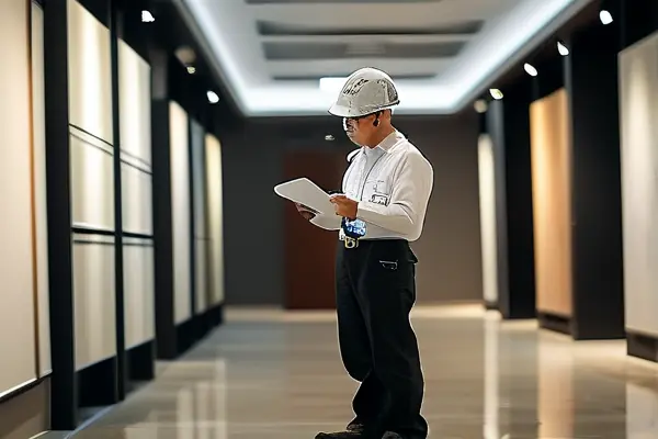 專業(yè)人員在展廳裝修驗(yàn)收現(xiàn)場(chǎng)進(jìn)行檢查工作