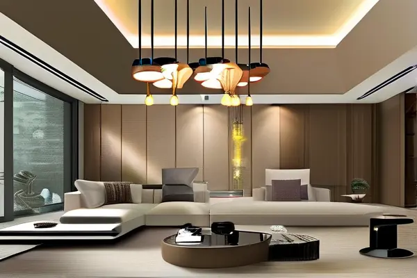現(xiàn)代客廳裝修燈具展示，包含吊燈、吸頂燈等多種燈具風(fēng)格與價(jià)格對(duì)比