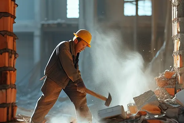 工人現(xiàn)場拆除舊房墻體作業(yè)實(shí)景